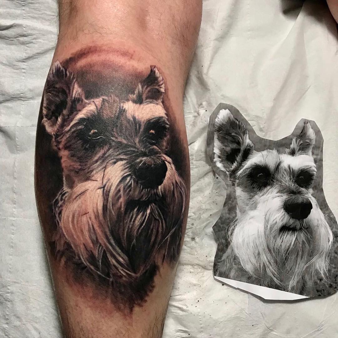 宗先生小腿写实狗狗纹身图案